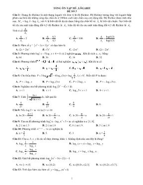 Câu hỏi trắc nghiệm về Mũ, lôgarit - Đề số 3 (Có đáp án)